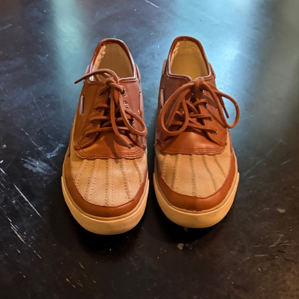 Polo by Ralph Lauren Tan Canvas with Brown Leather Trim Boat Shoes